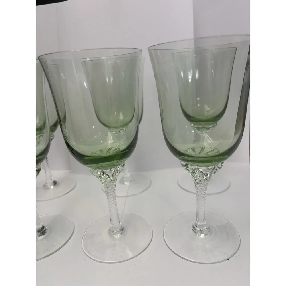 Sasaki Hawthorne Jade Water Goblets Green Clear Twist Stem Set of 6 Vintage